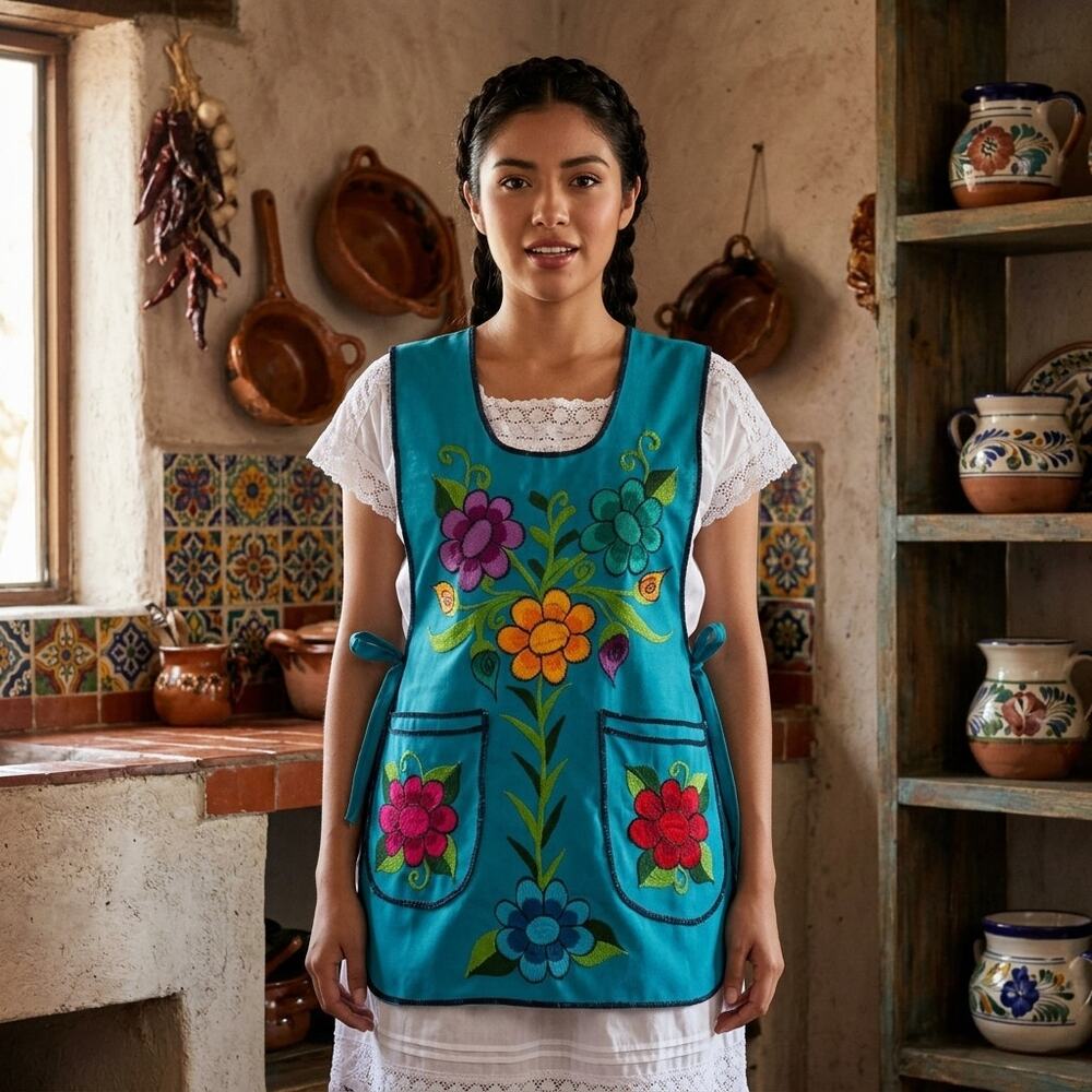 Mexican Embroidered Smock Apron – Floral Traditional Design 28 X 19 IN